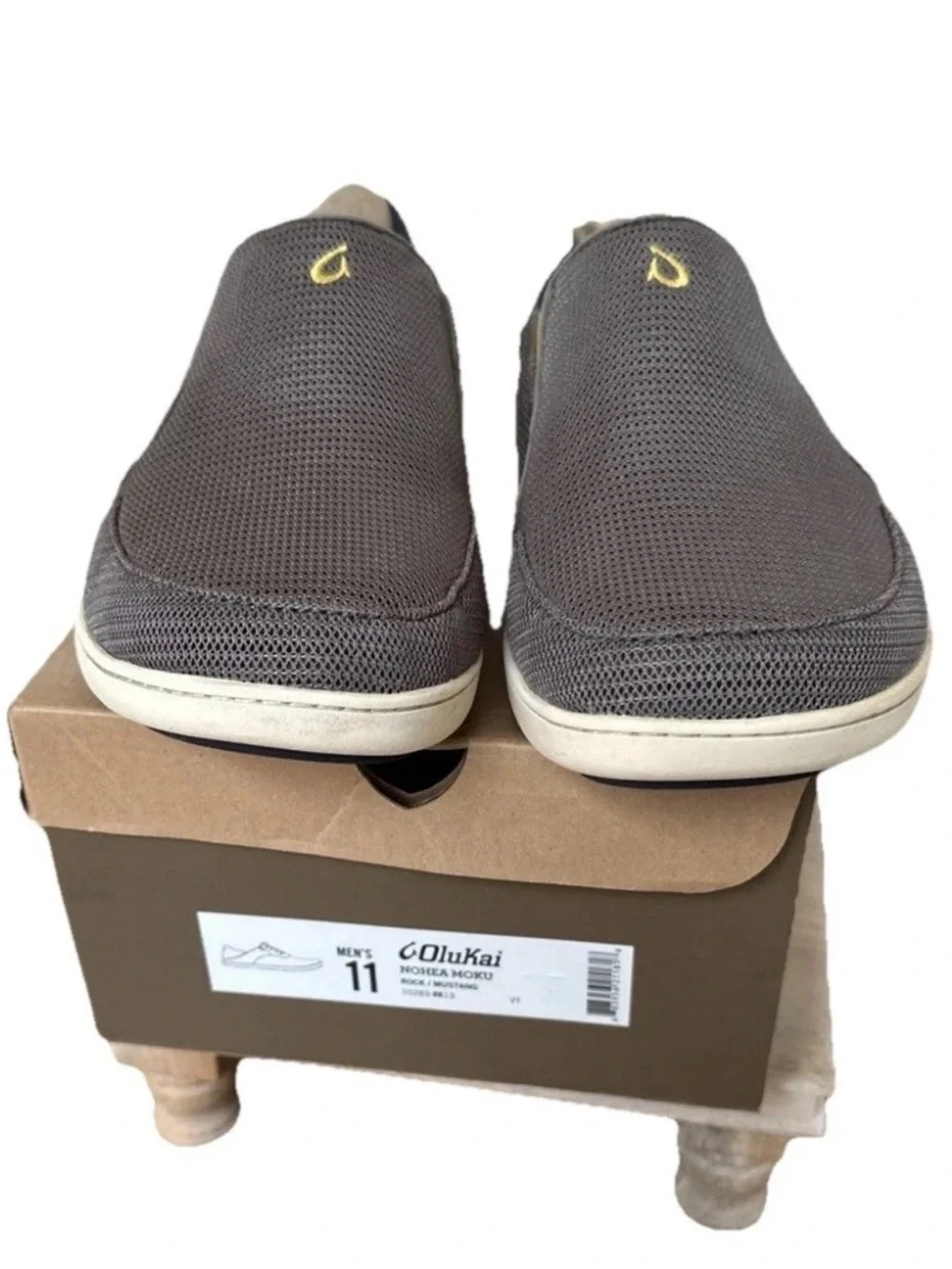 OluKai Men's Nohea Moka Rock Slip-On Mesh Casual Loafers with Yellow Accent
